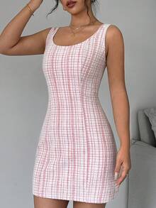 Selianne 女士夏季格子圆领无袖优雅连衣裙新年衣服 - 紅色 - 查看 7