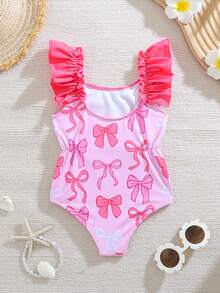 Cozy Pixies Baby Girl Butterfly Pattern Round Neck Ruffle Trim Sleeveless Swimsuit - Pink - View 2