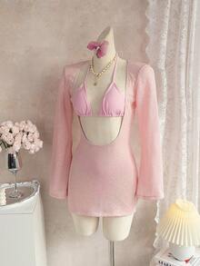 Sirith Bộ bikini 3 mảnh màu hồng pastel thanh lịch, gợi cảm mới về của Bonvoyette dành cho nữ, gồm áo khoác ngoài mềm mại, áo tam giác buộc dây cổ với dây đeo mỏng có thể điều chỉnh, quần cạp cao, và váy ngắn tay dài bằng vải dệt kim mờ co giãn, phong cách Y2K lãng mạn, hoàn hảo cho kỳ nghỉ hè ở bãi biển, tiệc bể bơi và nghỉ dưỡng, lễ hội âm nhạc, đám cưới và các dịp lễ khác. - Hồng - Xem 11
