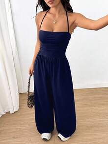 SHEIN Unity Women's Casual Pleated Loose Straight Leg Jumpsuit, Suitable For Spring, Summer, Autumn And Winter - Navy Blue - View 3