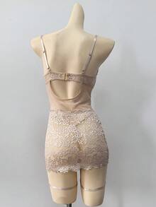 SHEIN 经典、神秘、时尚、优雅、成熟的蕾丝拼接网纱睡裙+丁字裤+2个腿环，3件套性感女士内衣套装 - 杏色 - 查看 7