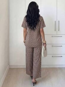 Modelyn Women's Spring/Summer Woven Short Sleeve Mandarin Collar Studded Top And Straight Leg Pants Casual Romantic 2-Piece Set - Multicolor - View 2