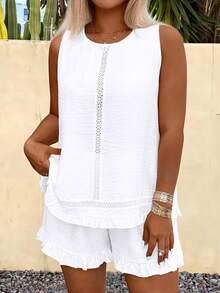 GlowEve CURVE Plus Size 2pcs Set Comfortable Linen Sleeveless Frill Trim Shirt And Casual Frill Trim Shorts - White - View 4