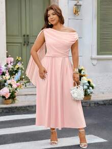 Vestido de mujer talla grande de verano de unicolor con hombro asimétrico y cinta en la cintura, adecuado para mercado de arte, concierto al aire libre, vestido de noche formal - Rosa - Ver 3