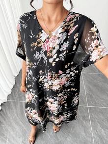 Elenzga Đầm nữ cỡ lớn cổ chữ V tay ngắn dáng rộng họa tiết hoa, kiểu dáng thường ngày. - Nhiều màu - Xem 6