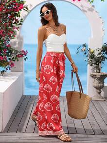 Vivid Eden Quần ống rộng nữ kiểu dáng thường ngày, buộc dây, họa tiết vỏ sò, in hình đại dương, thích hợp cho kỳ nghỉ hè. - Đỏ - Xem 6