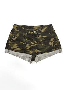 SHEIN Pantalones cortos de mezclilla lavados con estampado de camuflaje de moda con talle bajo, estilo Y2K - Multicolor - Ver 3