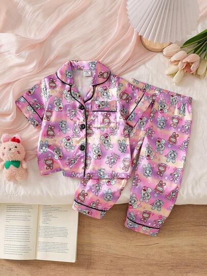 Bộ đồ ngủ cổ bẻ họa tiết thỏ dễ thương cho bé gái