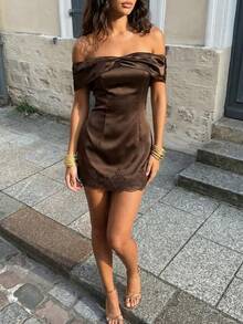 Glamine Women's Elegant Off-Shoulder Satin Party Dress, Solid Color Chocolate Brown Dress Brown Short Dress Brown Satin Dress Off Shoulder Brown Dress Brown Sexy Dress Womans Dress High Quality Dress Women Party Dress Off Shoulder Dresses For Woman Sexy Dress For Women Lace Trim Dress Cocktail Dress - Brown - View 2