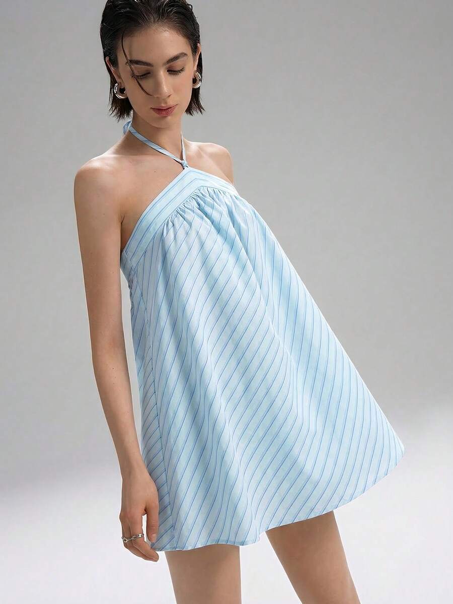 LYSMO 2026新款夏季女士系带露背A字蓝色条纹迷你连衣裙,完美适用于休闲、日常、约会和基本时尚造型 - 藍色 - 查看 1
