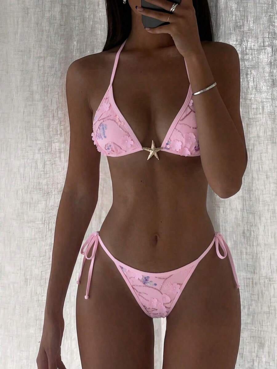 Swim SXY 女士夏季亮片3D花朵和海星饰品挂脖比基尼套装 - 粉色 - 查看 1
