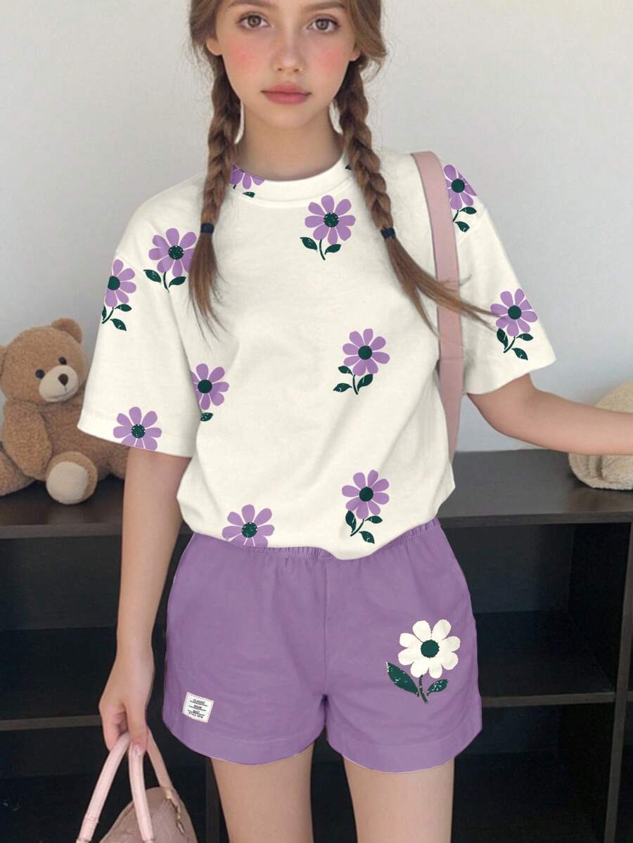 两件套少女休闲碎花短袖上衣短裤套装,宽松舒适的夏季服装 - 彩色 - 查看 1