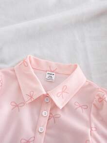 女婴泡泡袖粉色polo领彩虹印花荷叶边下摆休闲短袖连衣裙 - 粉色 - 查看 8