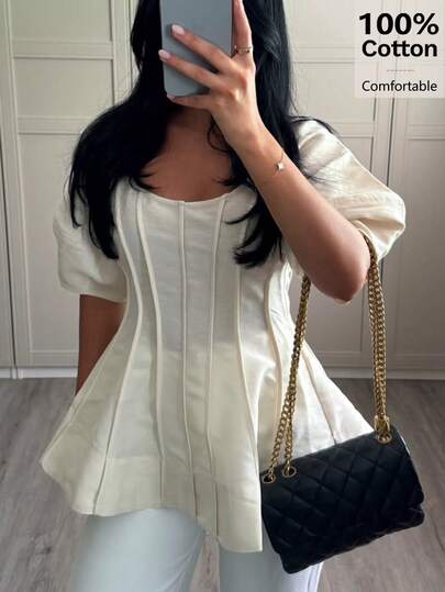 Siren Gaze 100% Cotton Flared Lantern Sleeve Fitted Shirt, Waist Cinched A-Line Short Sleeve Blouse, Shapewear Top With Square Neck Short Sleeves And Pleated Details, Cream Blouse, Summer Tops, Puff Sleeve Blouse, Modest Top