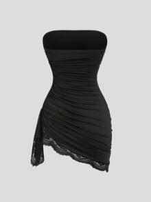 Sweetra Women's Sexy Lace Patchwork Ruched Fitted Mini Dress, Spring/Summer - Black - View 2