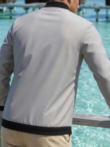 Manfinity Homme 男士棒球领拉链休闲百搭日常长袖外套 - 灰色 - 查看 3