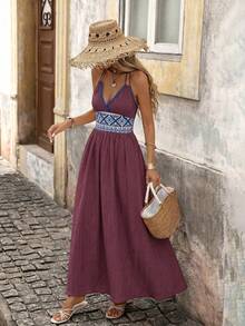 Brillora 女士夏季性感波西米亚度假风几何拼接系腰露背连衣裙 - 酒紅色 - 查看 6