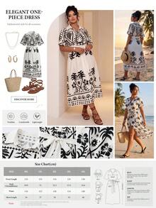 SHEIN Elenzya Plus Size Women's Tropical Plant Print Short Sleeve Dress With Belt, Loose Casual Minimalist Style For Commute And Daily Wear, Spring/Summer - Multicolor - View 2