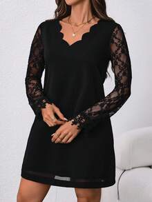 SHEIN PETITE CURVE Women Plus Size V-Neck Lace Patchwork Long Sleeve Solid Color Knee-Length Dress,Black Autumn Elegant Formal Dinner Evening Casual Wave Collar - Black - View 4