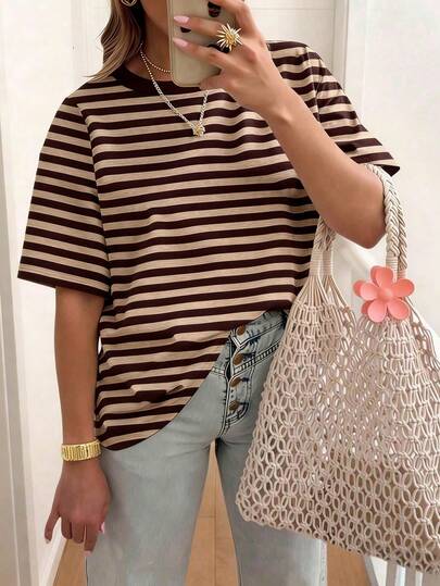 EMERY ROSE Striped Round Neck Casual Short Sleeved T-Shirt, Plus Size Women's T-Shirt, Summer