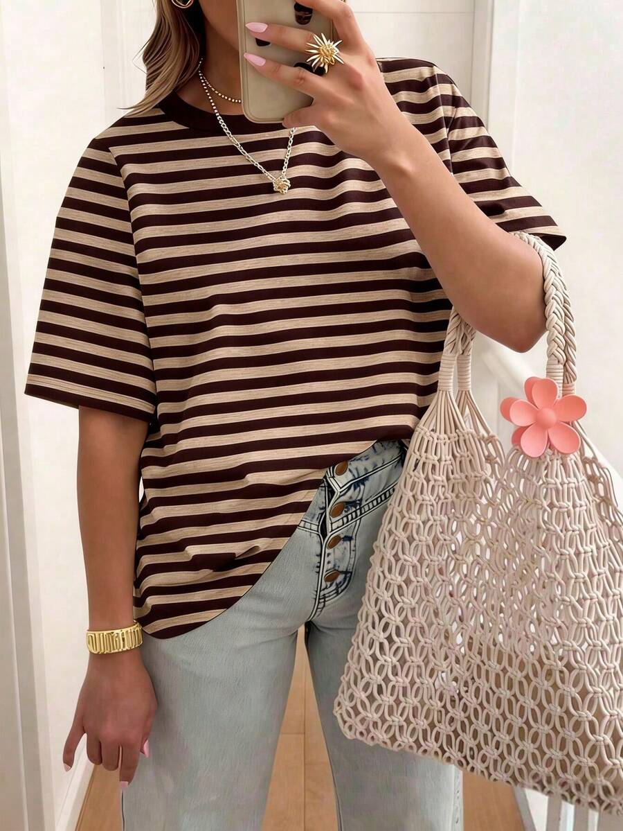Striped Round Neck Casual Short Sleeved T-Shirt, Plus Size Women's T-Shirt, Summer - Multicolor - View 1