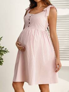 SHEIN Maternity Button Design Knotted Shoulder Striped Casual Sleeveless Nursing Dress - Multicolor - View 4