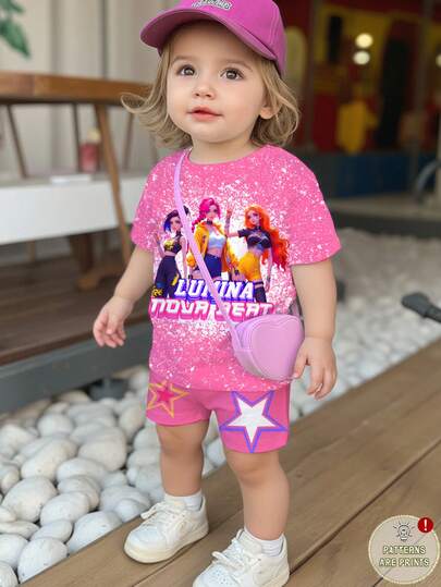 SHEIN Baby Girl Letter & Cartoon Print Round Neck Short Sleeve T-Shirt And Shorts Set, Suitable For Holidays, Parties, Daily Wear, Concerts