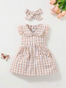 SHEIN Vintaside Kids 女婴休闲日常黄色格子短袖连衣裙，适合外出或日常舒适穿着 - 卡其色 - 查看 3