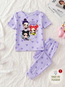 2pcs/Set Baby Girls' Purple Cartoon Girl & Heart Print Crew Neck Top And Leggings Set, Comfortable Knit Fabric Casual Homewear - Mauve Purple - View 3