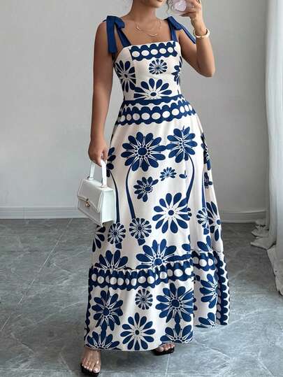 SHEIN Tall CURVE Vestido de playa con tirantes finos para mujer talla grande, vestido acampanado con cintura ceñida, adecuado para primavera/verano y vacaciones