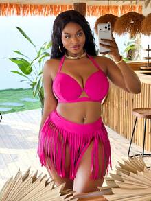 Slaydiva 2026 Nouveau ensemble de bikini 3 pièces grande taille pour femmes, magenta. Maillot de bain avec buste rembourré séparé, jupe à franges affinant les jambes. Tenue de vacances à la plage pour femmes. Ensembles de maillots de bain pour femmes, ensembles deux pièces pour femmes, ensembles deux pièces d'été pour femmes, ensembles deux pièces pour femmes, tenues deux pièces roses vives pour femmes, ensembles deux pièces à franges pour femmes, tenues d'été deux pièces pour femmes, tenues deux pièces pour femmes, tenues Cana pour femmes - Rose vif - Voir 5