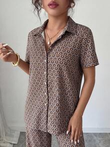 Modelyn Women's Spring/Summer Woven Short Sleeve Mandarin Collar Studded Top And Straight Leg Pants Casual Romantic 2-Piece Set - Multicolor - View 7