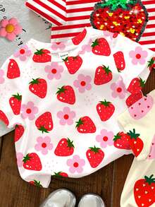 SHEIN 3pcs/Set Baby Girl Cute White And Red Strawberry Print Short Sleeve T-Shirt Set,Summer Casual Round Neck Graphic Tee Tops - Multicolor - View 6