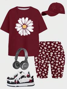 Burgunderrote Boho-Gänseblümchen-Bedruckung, Teenager-Mädchen Casual Minimalist Kurzarm Loose T-Shirt und Radlerhose 2 Stücke Set, geeignet für Sommerurlaub - Verschiedenfarbig - Übersicht 2