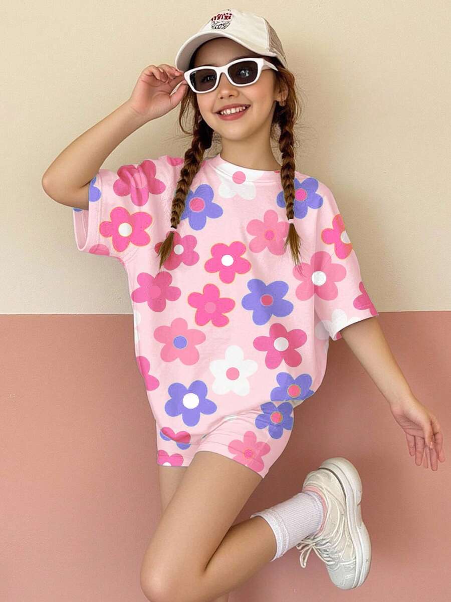 2件套少女休闲简约多巴胺花朵印花宽松短袖T恤和短裤套装，适合夏季穿着 - 彩色 - 查看 1