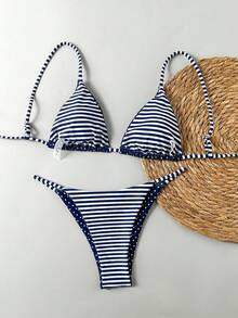 Swim Mod 2pcs Women Reversible Striped & Polka Dot Print Bikini Tankini Swimwear Set For Summer Beach Vacation - Navy Blue - View 2