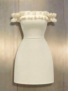 Elenzga 女士浪漫露肩镂空腰部中长连衣裙 - 杏色 - 查看 3