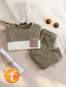 SHEIN Playful Pals 2件套男婴休闲撞色拼接柔软抓绒圆领卫衣裤套装，秋冬季 - 軍綠色 - 查看 6