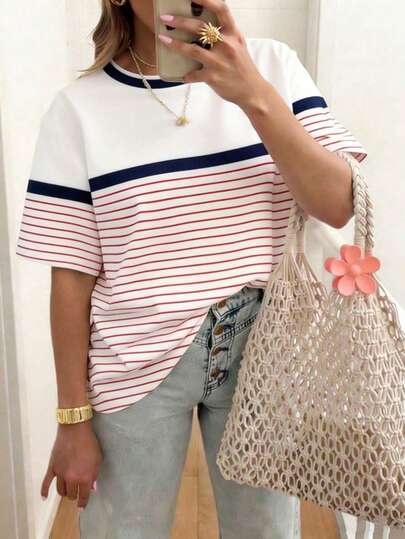 EMERY ROSE Women's Striped Patchwork Casual Round Neck Short Sleeve T-Shirt