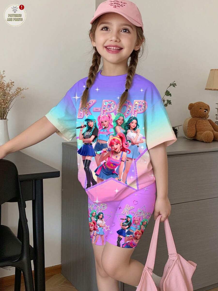 2件套少女休闲时尚彩色韩流女团字母星星印花圆领短袖T恤和短裤套装，适合夏季穿着 - 彩色 - 查看 1