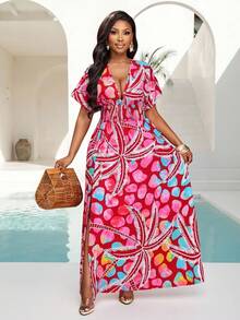 Brilight Đầm hè nữ kiểu dáng thường ngày, họa tiết hoa ngẫu nhiên, thích hợp mặc đi biển. - Đỏ - Xem 5