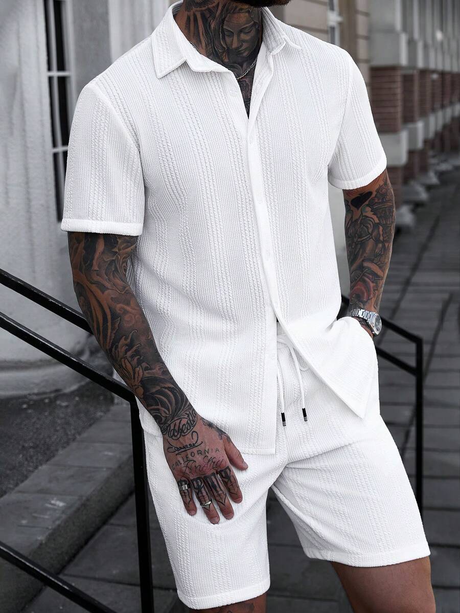 Manfinity CasualCool Men's Solid Color Single-Breasted Short Sleeve Shirt And Drawstring Waist Shorts Casual Daily Outfit - Beige - View 1