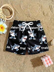 1件装幼儿男童鲨鱼字母印花抽绳腰泳裤，休闲沙滩短裤 - 彩色 - 查看 1