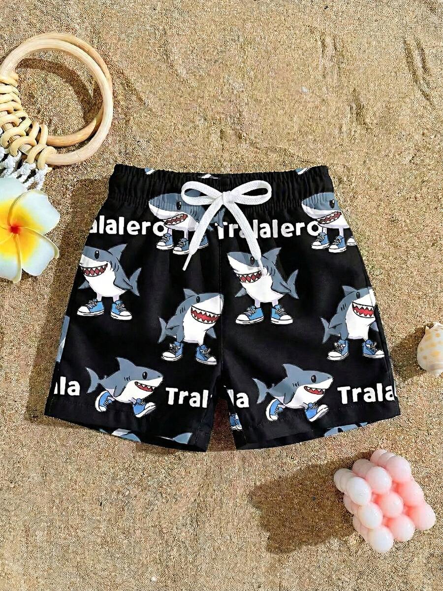 1件装幼儿男童鲨鱼字母印花抽绳腰泳裤，休闲沙滩短裤 - 彩色 - 查看 1