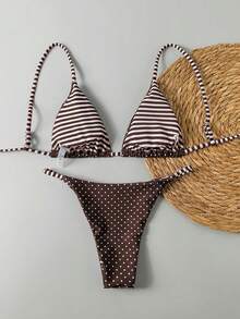 Swim Mod 2pcs/Set Women Striped & Polka Dot Reversible Casual Swimwear Set - Brown - View 4