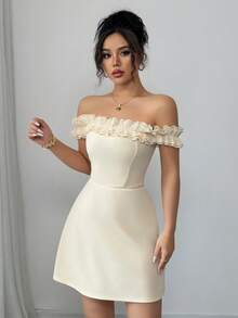 Elenzga 女士浪漫露肩镂空腰部中长连衣裙 - 杏色 - 查看 7