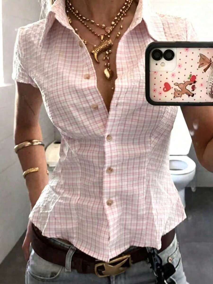 INAWLY Women's Polo Collar Short Sleeve Fitted Shirt - Pink - View 1