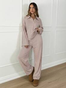 unto de 2 piezas para mujer con camiseta de manga larga de hombros caídos y cuello en V a rayas holgada y pantalones a rayas con cintura elástica, traje de suéter de invierno, otoño/invierno - Rosa Pálido - Ver 7