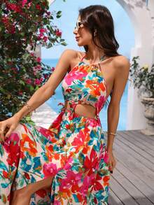 Vivid Eden Đầm nữ đi nghỉ mát, kiểu dáng thường ngày, họa tiết hoa, hở lưng, xẻ tà. - Đỏ - Xem 6