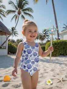 女婴连体泳衣，蓝色贝壳印花，修身款，适合海滩、度假、夏季穿着 - 彩色 - 查看 1